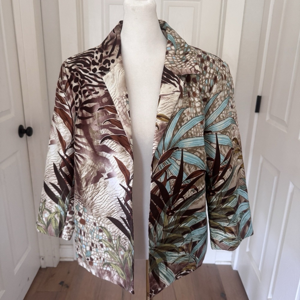 Vtg Tanjay Jacket Sz S Tropical Leopard Print Botanical Brown Stretchy Artsy